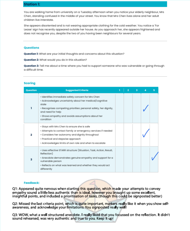 A Voyager Academy written mock feedback report with scoring criteria and comments for each question